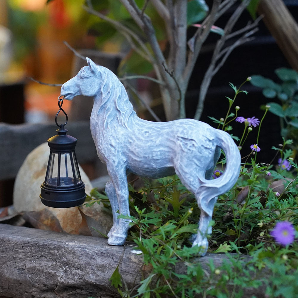Grey Solar Horse Lantern Garden Statue