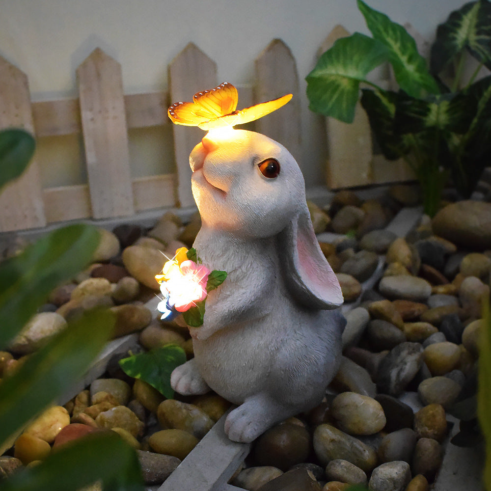 Rabbit & Butterfly Solar Garden Statue