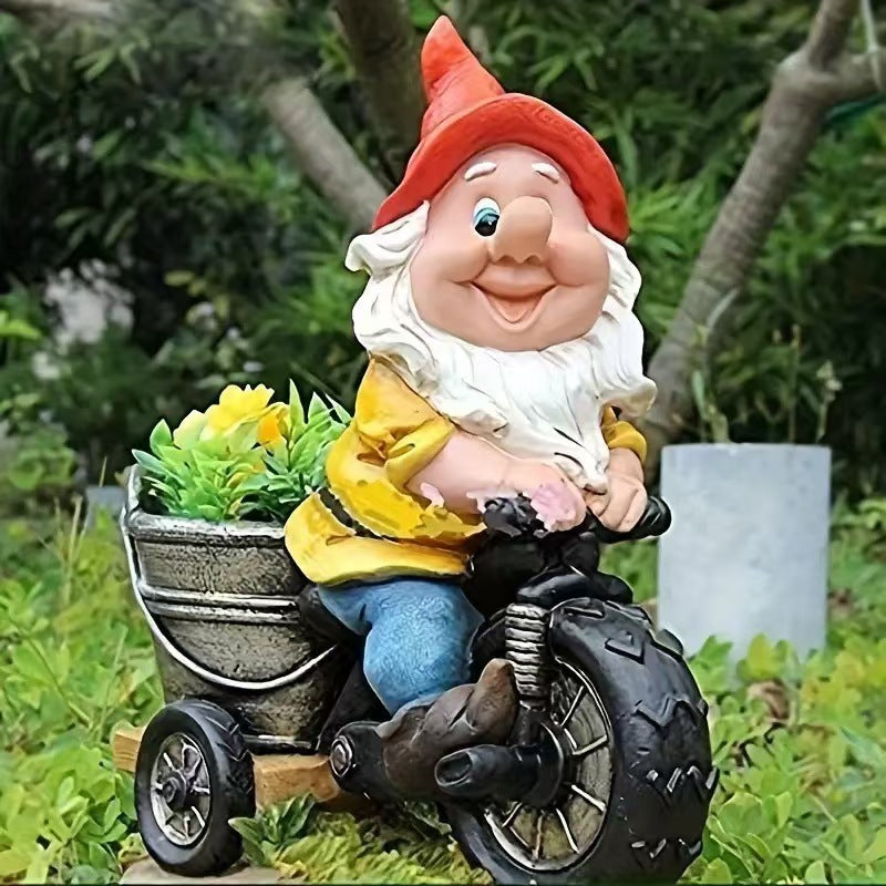 Whimsical Biking Gnome Garden Statue