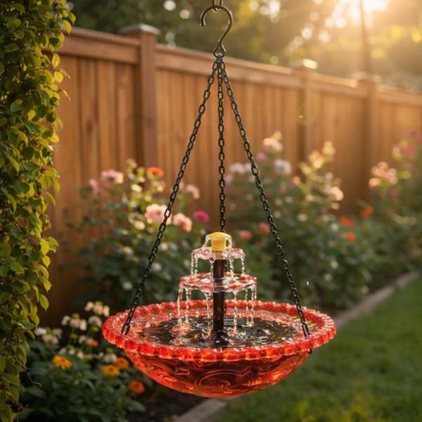 Red Solar Hanging Cascade Bird Bath