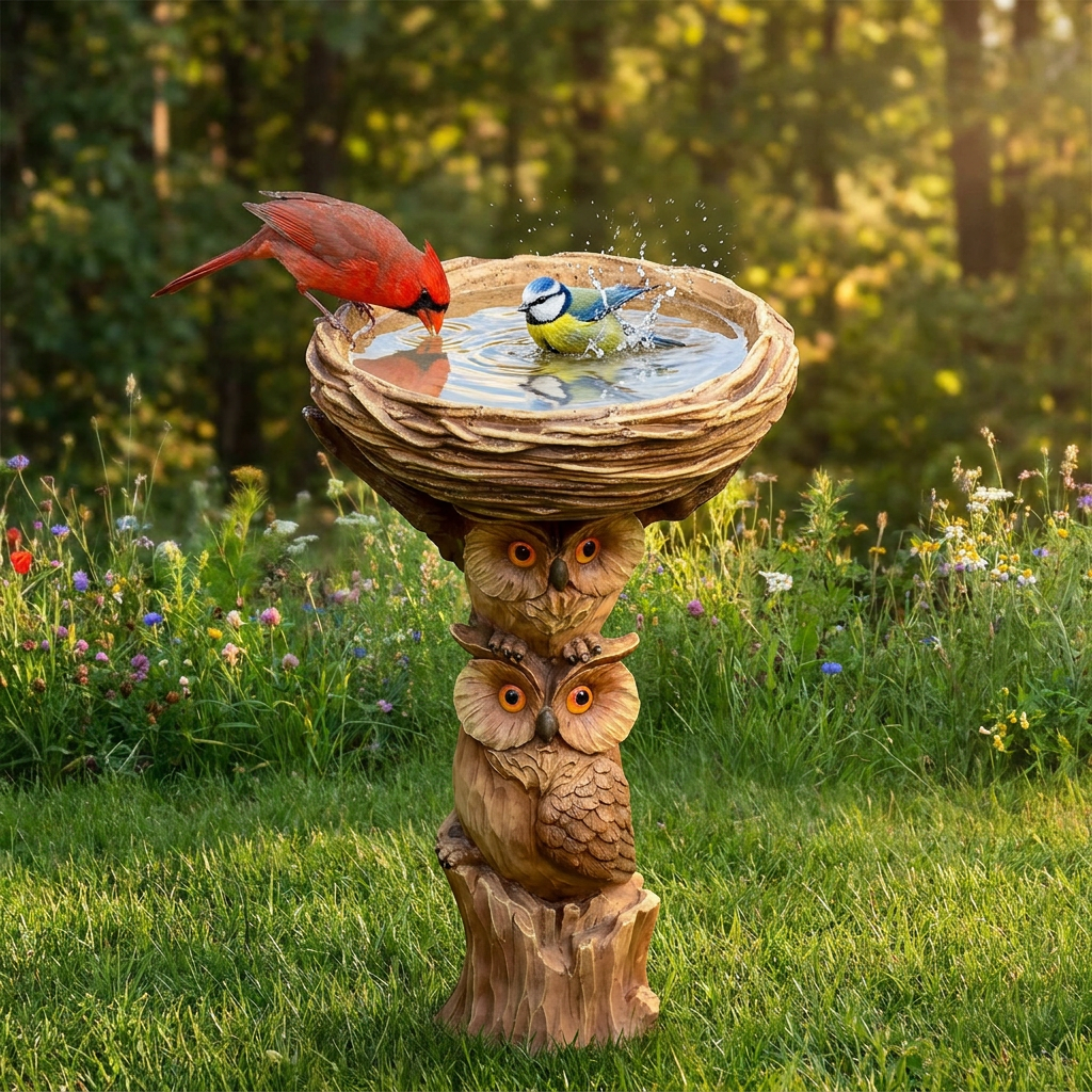 Owl Resin Bird Bath & Feeder